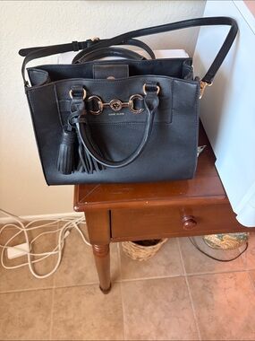 Anne Klein Black Pebbled Leather Satchel Tote with Tassel